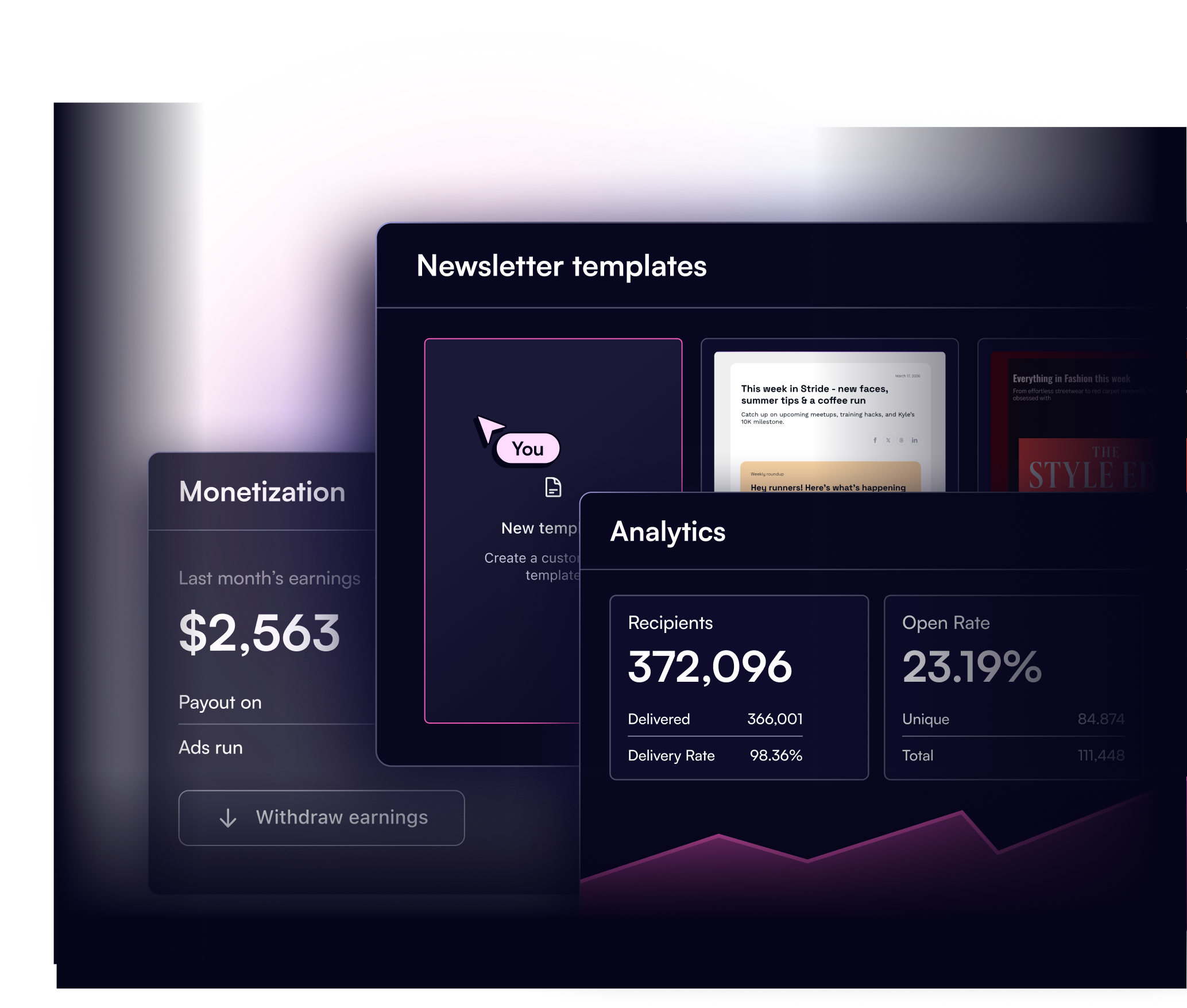 beehiiv monetization, newsletter templates, and analytics product screens