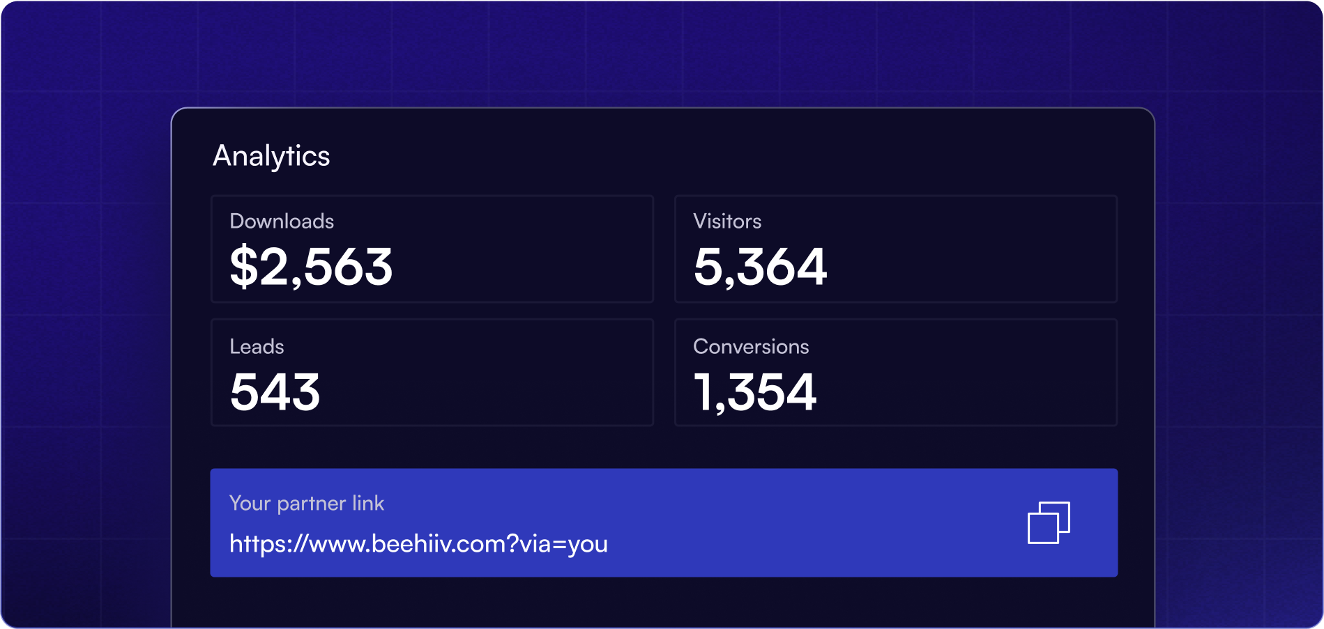 Partner dashboard with analytics and referral tracking link